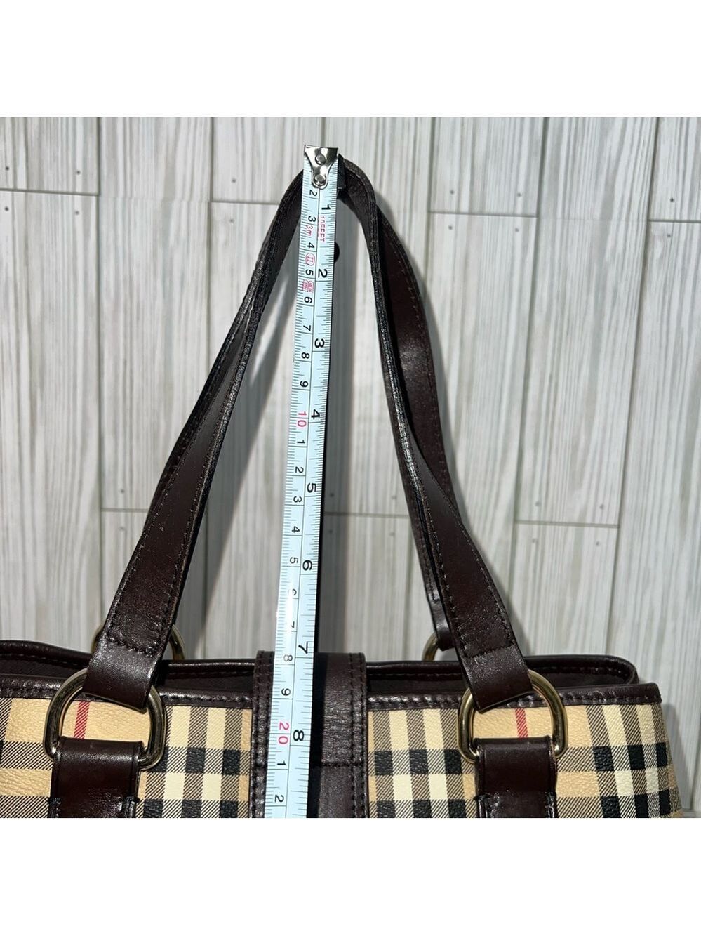 Burberry London Nova Check Tote Bag Brown Leather Plaid Shoulder Purse - Picture 11 of 15